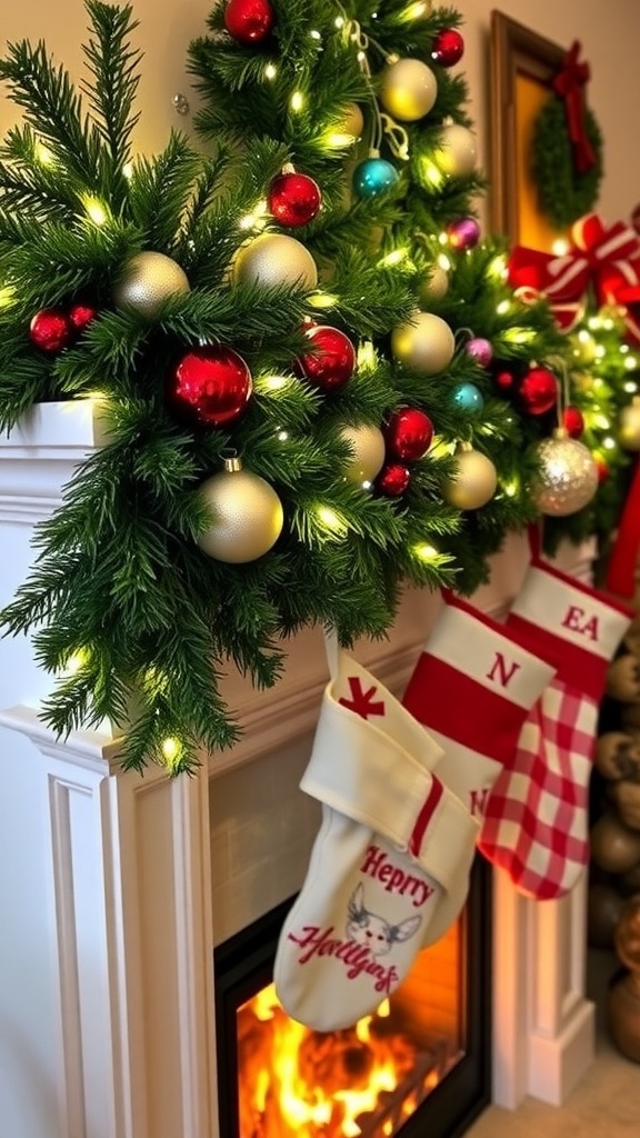 A festive Christmas mantle with garland, lights, ornaments, and stockings.